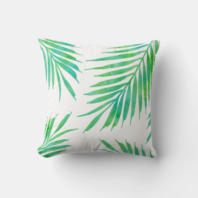 Turquoise Green Watercolor Palm Fronds Throw Pillow (Front)