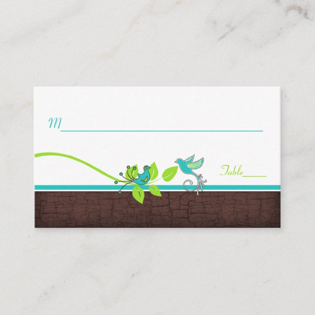 Turquoise, Green, White, Brown Birds Place Cards (Front)