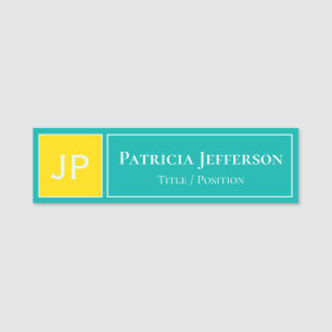 Turquoise Green Yellow Monogram Professional Name Tag
