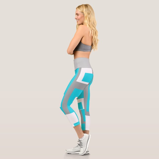 Turquoise, grey and white blocks capri leggings (Left)
