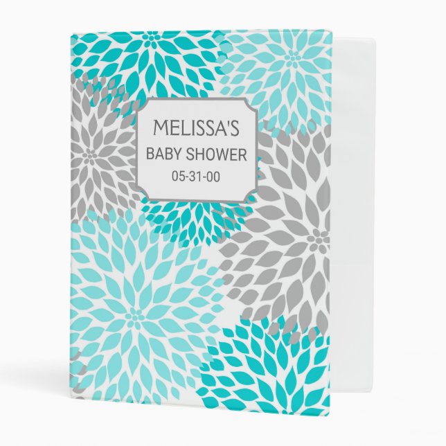 Turquoise Grey Dahlia Baby Shower memory album Mini Binder (Front/Inside)