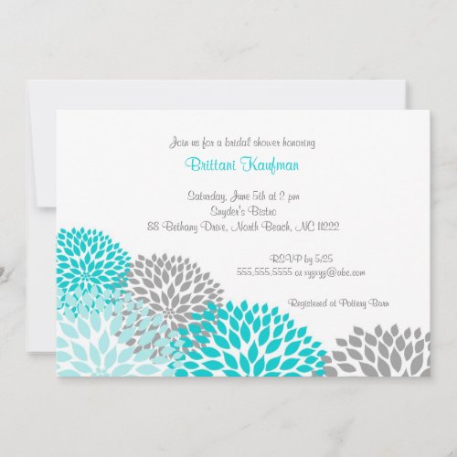 Turquoise &amp; Grey Dahlia Bridal Baby Shower Invite