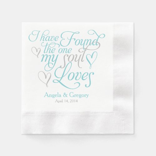 Turquoise Grey My Soul Loves Heart Wedding Paper Napkins
