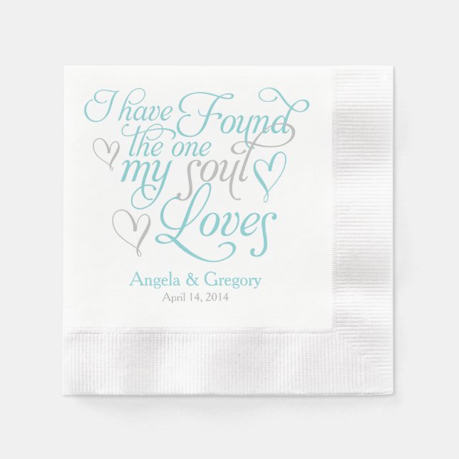 Turquoise Grey My Soul Loves Heart Wedding Paper Napkins (Front)