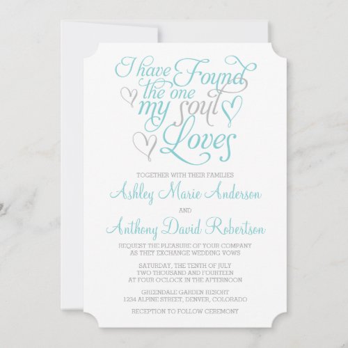 Turquoise Grey Soul Loves Heart Wedding Invitation