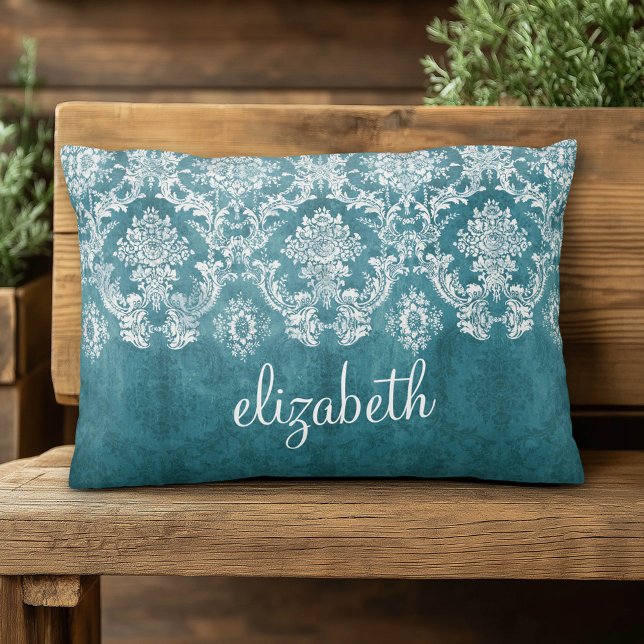 Turquoise Grungy Damask Pattern Custom Text Accent Pillow (Custom Pillow)