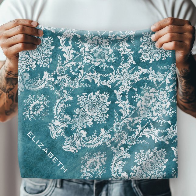 Turquoise Grungy Damask Pattern Custom Text Bandana (Custom Bandana)