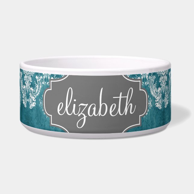 Turquoise Grungy Damask Pattern Custom Text Bowl (Front)