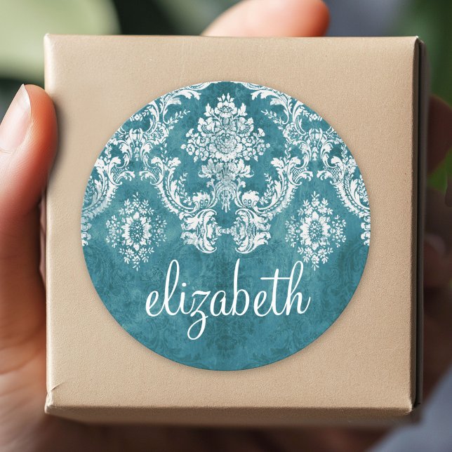 Turquoise Grungy Damask Pattern Custom Text Classic Round Sticker (Custom Sticker for Party Favors and Envelopes)