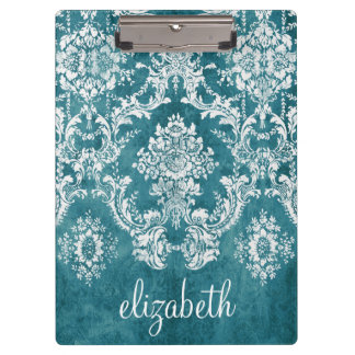 Turquoise Grungy Damask Pattern Custom Text Clipboard