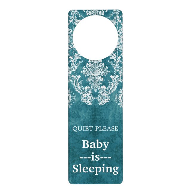 Turquoise Grungy Damask Pattern Custom Text Door Hanger (Front)