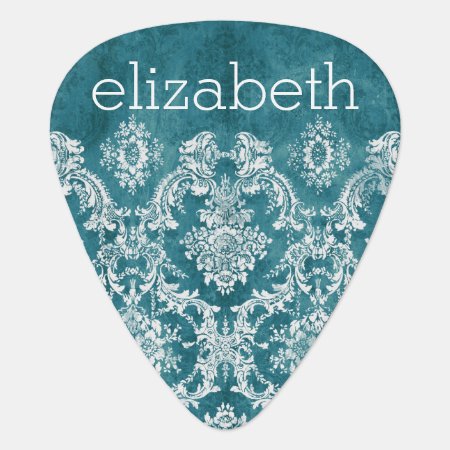 Turquoise Grungy Damask Pattern Custom Text Guitar Pick
