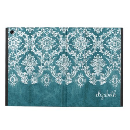 Turquoise Grungy Damask Pattern Custom Text Ipad Air Cover
