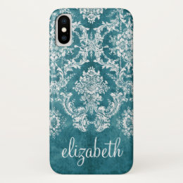 Turquoise Grungy Damask Pattern Custom Text iPhone X Case