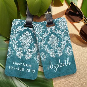 Turquoise Grungy Damask Pattern Custom Text Luggage Tag