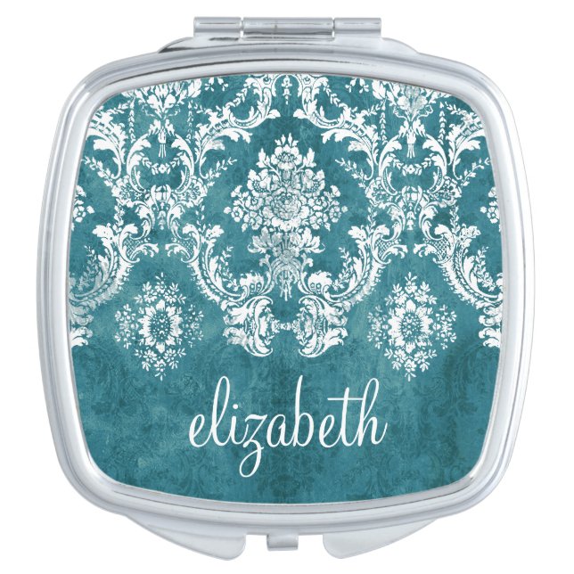 Turquoise Grungy Damask Pattern Custom Text Makeup Mirror (Front)