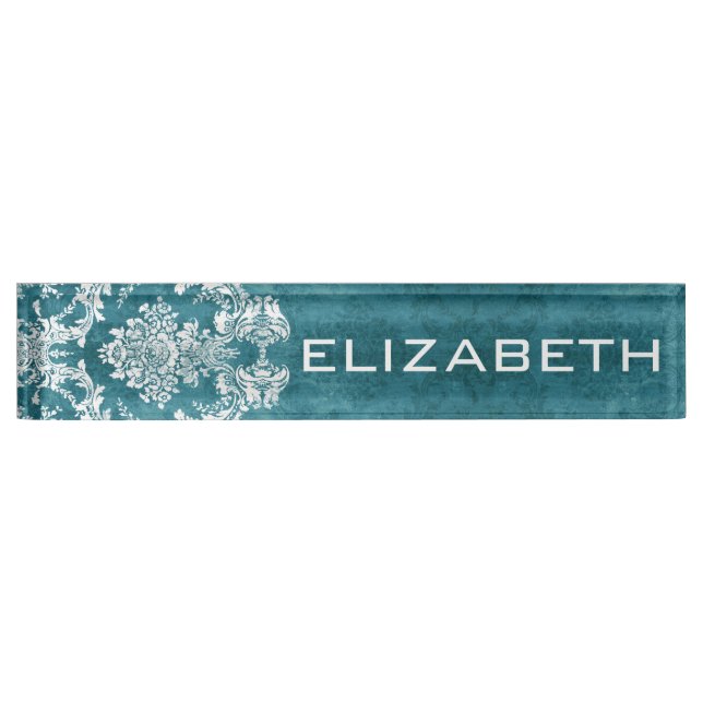 Turquoise Grungy Damask Pattern Custom Text Name Plate (Front)