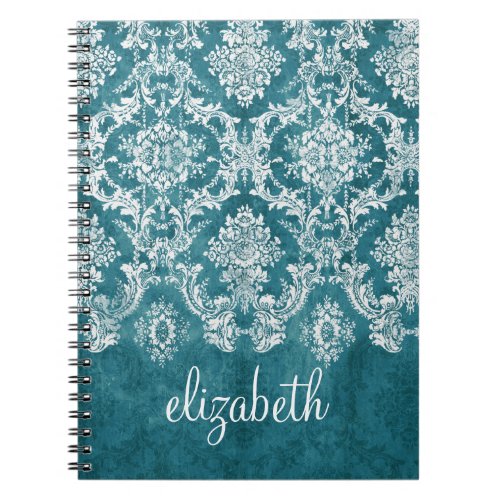 Turquoise Grungy Damask Pattern Custom Text Notebook