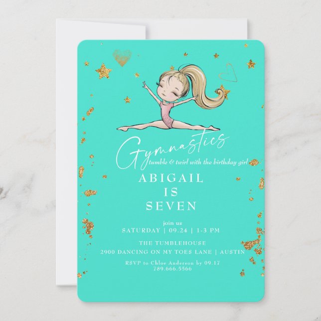 Turquoise Gymnastics Tumble & Twirl Birthday Invitation (Front)