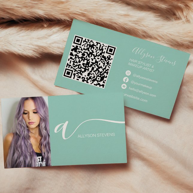 Turquoise hair makeup photo initial qr code business card (Turquoise hair makeup photo initial qr code business card)
