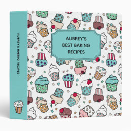 Turquoise Hand-Drawn Cupcake Pattern Recipes 3 Ring Binder