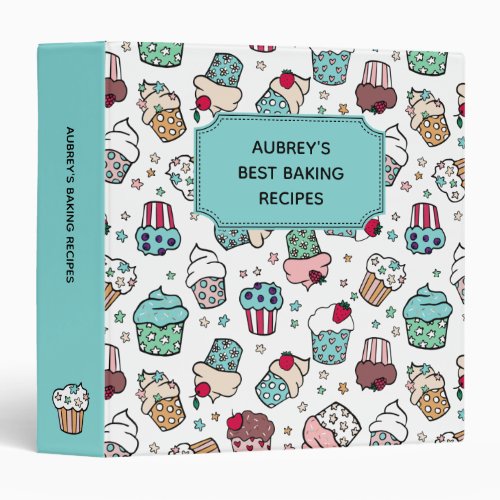 Turquoise Hand_Drawn Cupcake Pattern Recipes 3 Ring Binder
