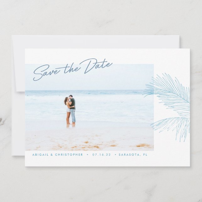 Turquoise Hand Drawn Palm Leaves Tropical Beach Save The Date (Front)