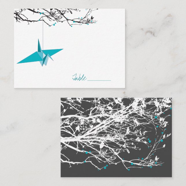 Turquoise Hanging Crane On Branches Asian Wedding Place Card (Front/Back)