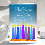 Turquoise Hanukkah Boho Candles Peace Love Light Holiday Card<br><div class="desc">“Peace, love & light.” A playful, modern, artsy illustration of boho pattern candles in a menorah helps you usher in the holiday of Hanukkah. Assorted blue candles with colorful faux foil patterns overlay a turquoise gradient to white textured background. Feel the warmth and joy of the holiday season whenever you...</div>