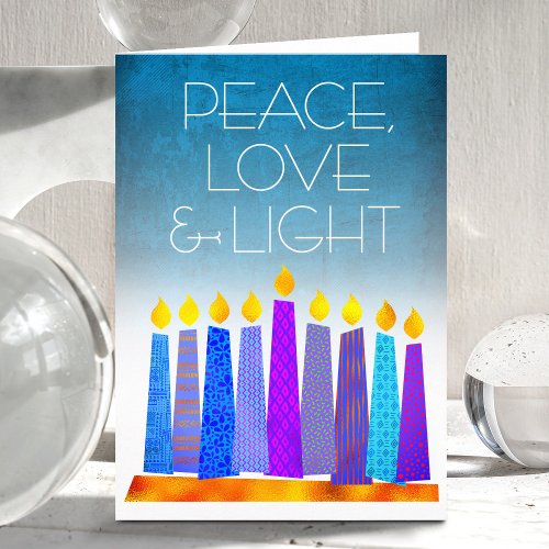 Turquoise Hanukkah Boho Candles Peace Love Light Holiday Card