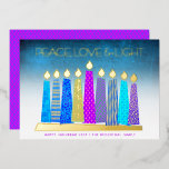Turquoise Hanukkah Candles Peace Love Real Gold Foil Holiday Card<br><div class="desc">“Peace, love & light.” A playful, modern, artsy illustration of boho pattern candles in a menorah helps you usher in the holiday of Hanukkah. Assorted blue candles with colorful real gold foil patterns, real gold foil flames and menorah, overlay a turquoise gradient to white textured background. Faux hot pink purple...</div>