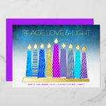 Turquoise Hanukkah Candles Peace Love Real Gold Foil Holiday Card<br><div class="desc">“Peace, love & light.” A playful, modern, artsy illustration of boho pattern candles in a menorah helps you usher in the holiday of Hanukkah. Assorted blue candles with colorful real gold foil patterns, real gold foil flames and menorah, overlay a turquoise gradient to white textured background. Faux hot pink purple...</div>
