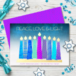Turquoise Hanukkah Candles Peace Love Real Gold Foil Holiday Card<br><div class="desc">“Peace, love & light.” A playful, modern, artsy illustration of boho pattern candles in a menorah helps you usher in the holiday of Hanukkah. Assorted blue candles with colorful real gold foil patterns, real gold foil flames and menorah, overlay a turquoise gradient to white textured background. Faux hot pink purple...</div>