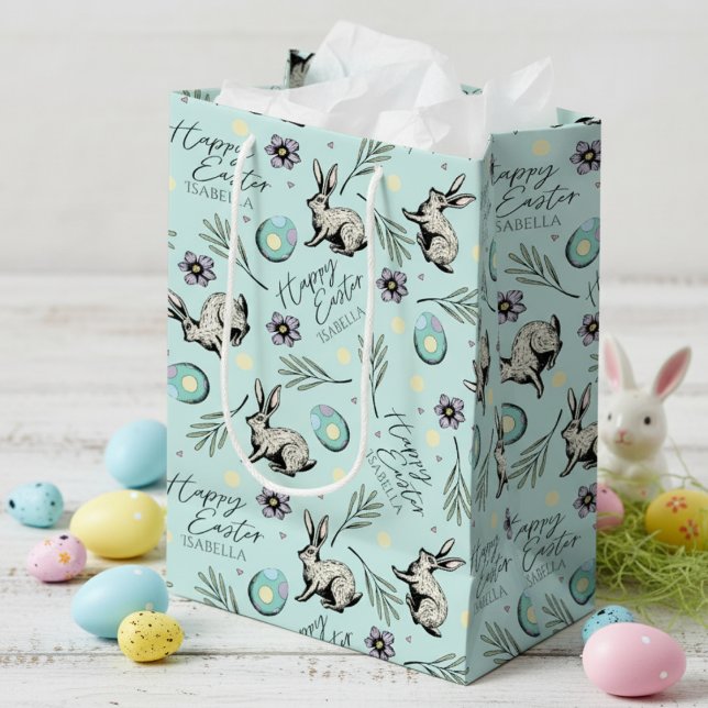 Turquoise Happy Easter Name Bunny Medium Gift Bag (Cute Happy Easter Pastel Blue Gift Bags for Kids Egg Hunt with Name. Bunny Rabbit, Eggs & Flowers)