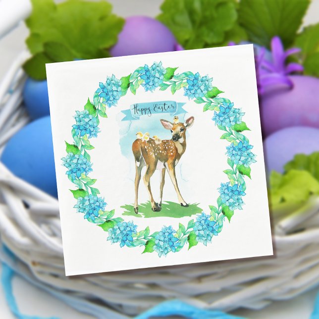 Turquoise Happy Easter Watercolor Deer Napkins (Creator Uploaded)