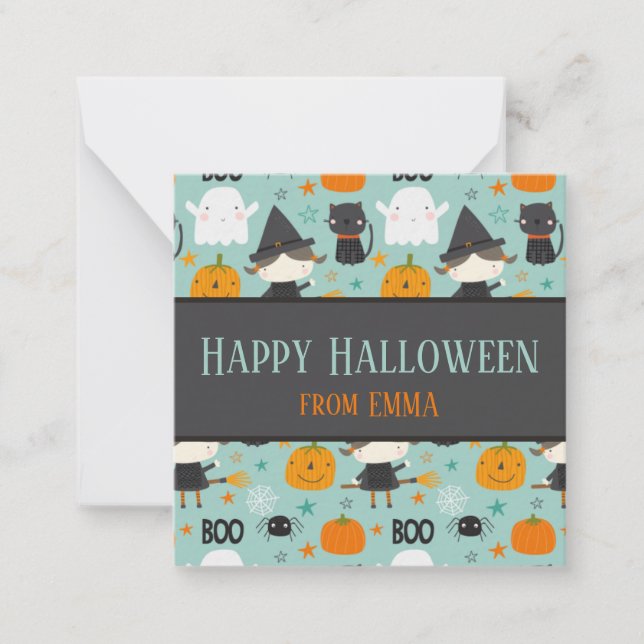 Turquoise "Happy Halloween" Pattern Custom Name Note Card (Front)