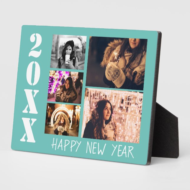 Turquoise Happy New Year 2023 5 Photo Collage Plaque (Side)