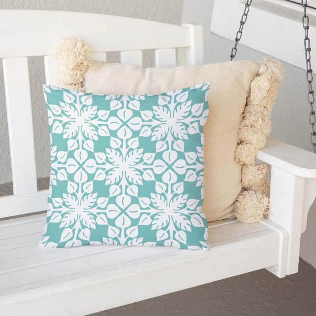 Turquoise Hawaiian Leaves Pattern Outdoor Pillow (Creator Uploaded)
