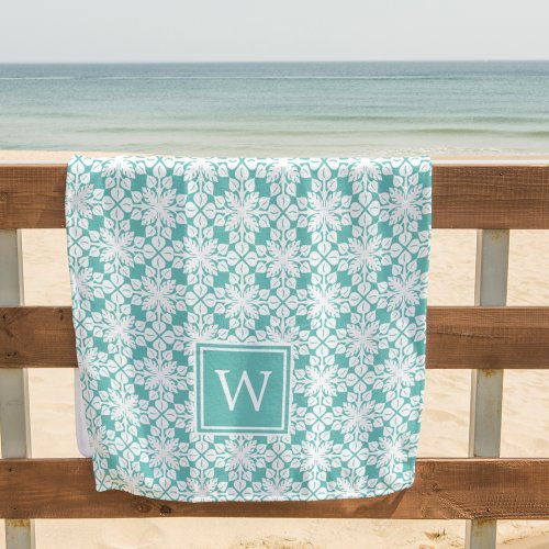 Turquoise Hawaiian Pattern Monogram Beach Towel