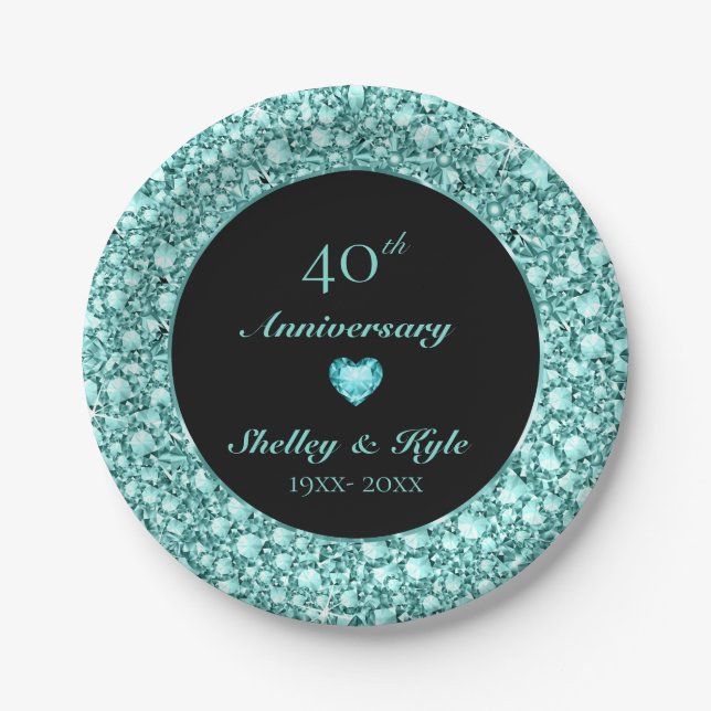 Turquoise Heart And Diamonds- Anniversary Paper Plates (Front)