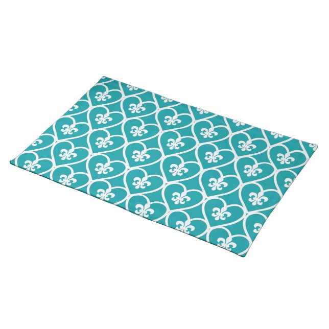Turquoise Heart Fleur De Lis Cloth Placemat (On Table)