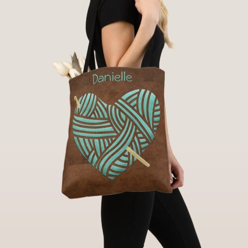 Turquoise Heart on Brown Suede look Personalize Tote Bag
