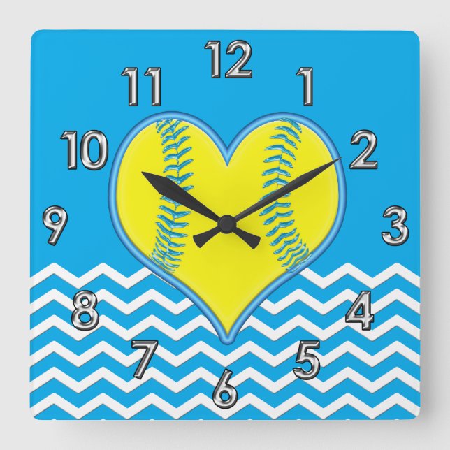 Turquoise Heart Shape Softball Clock or YOUR COLOR (Front)