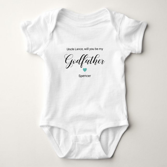 Turquoise Heart Will You Be My Godfather Proposal Baby Bodysuit (Front)