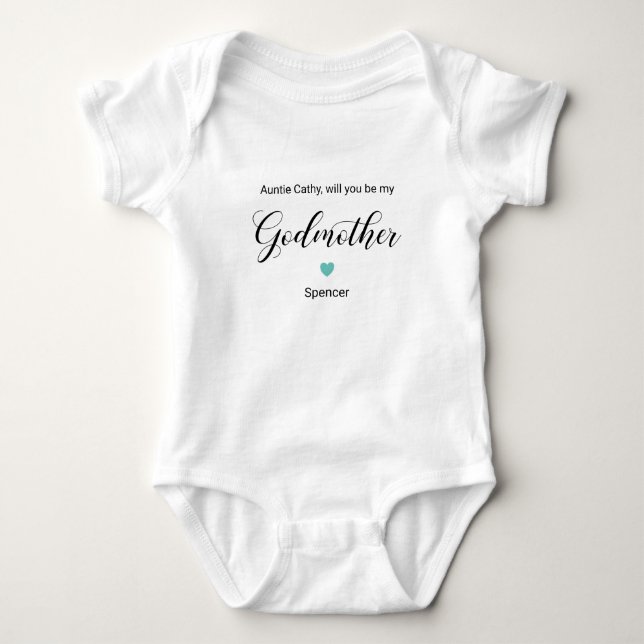 Turquoise Heart Will You Be My Godmother Proposal Baby Bodysuit (Front)
