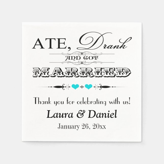 Turquoise Hearts, Scrolls Wedding Napkins (Front)