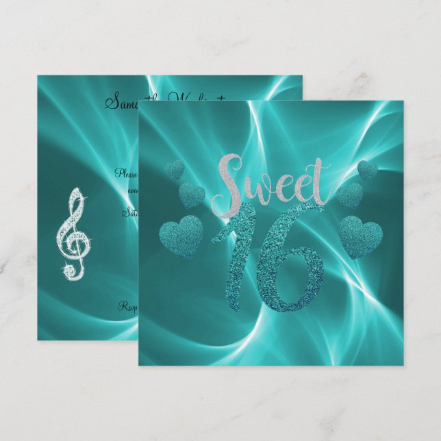 Turquoise Hearts Sweet 16 Birthday Invitation (Front/Back)
