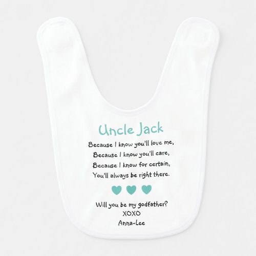 Turquoise Hearts Will You Be My Godfather Proposal Baby Bib
