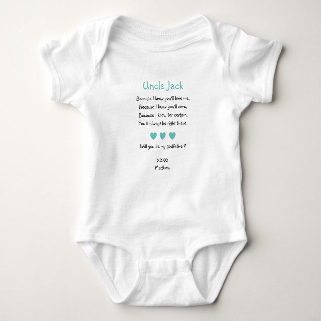 Turquoise Hearts Will You Be My Godfather Proposal Baby Bodysuit (Front)