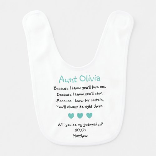 Turquoise Hearts Will You Be My Godmother Proposal Baby Bib